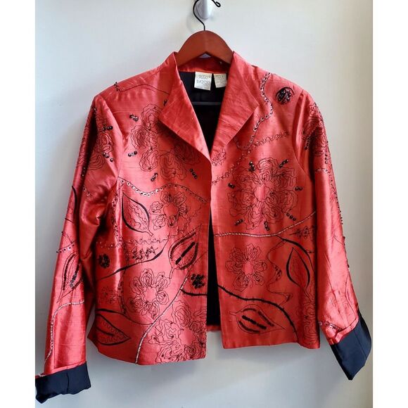 Bleu Bayou Jacket Open Blazer Silk Embroidered MED Art to Wear Coral/Red/Black - Picture 3 of 11